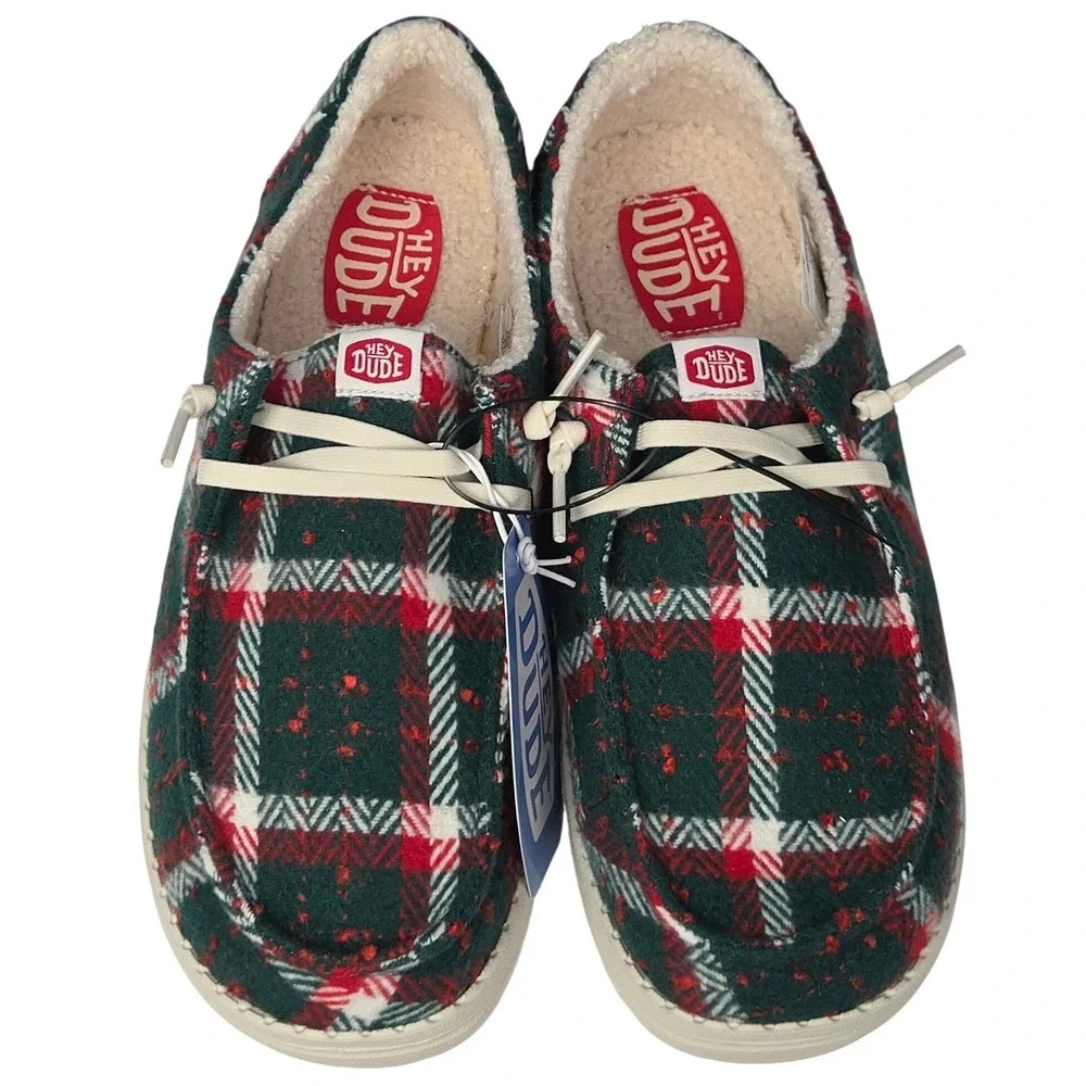 Hey Dude Wendy Plaid Loafers Women 7 Red Green Cozy Christmas Slip On Shoes New